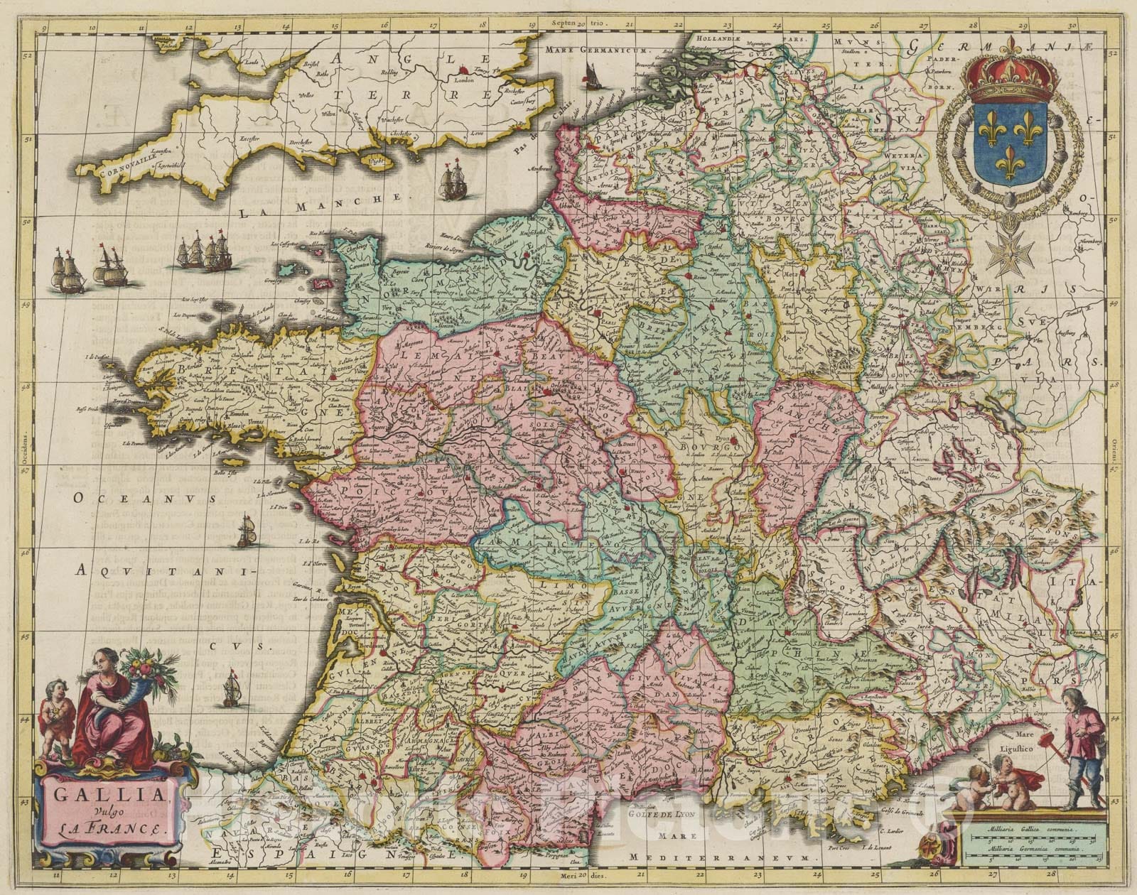 Historic Map : Gallia, Vulgo La France, 1665, Vintage Wall Art