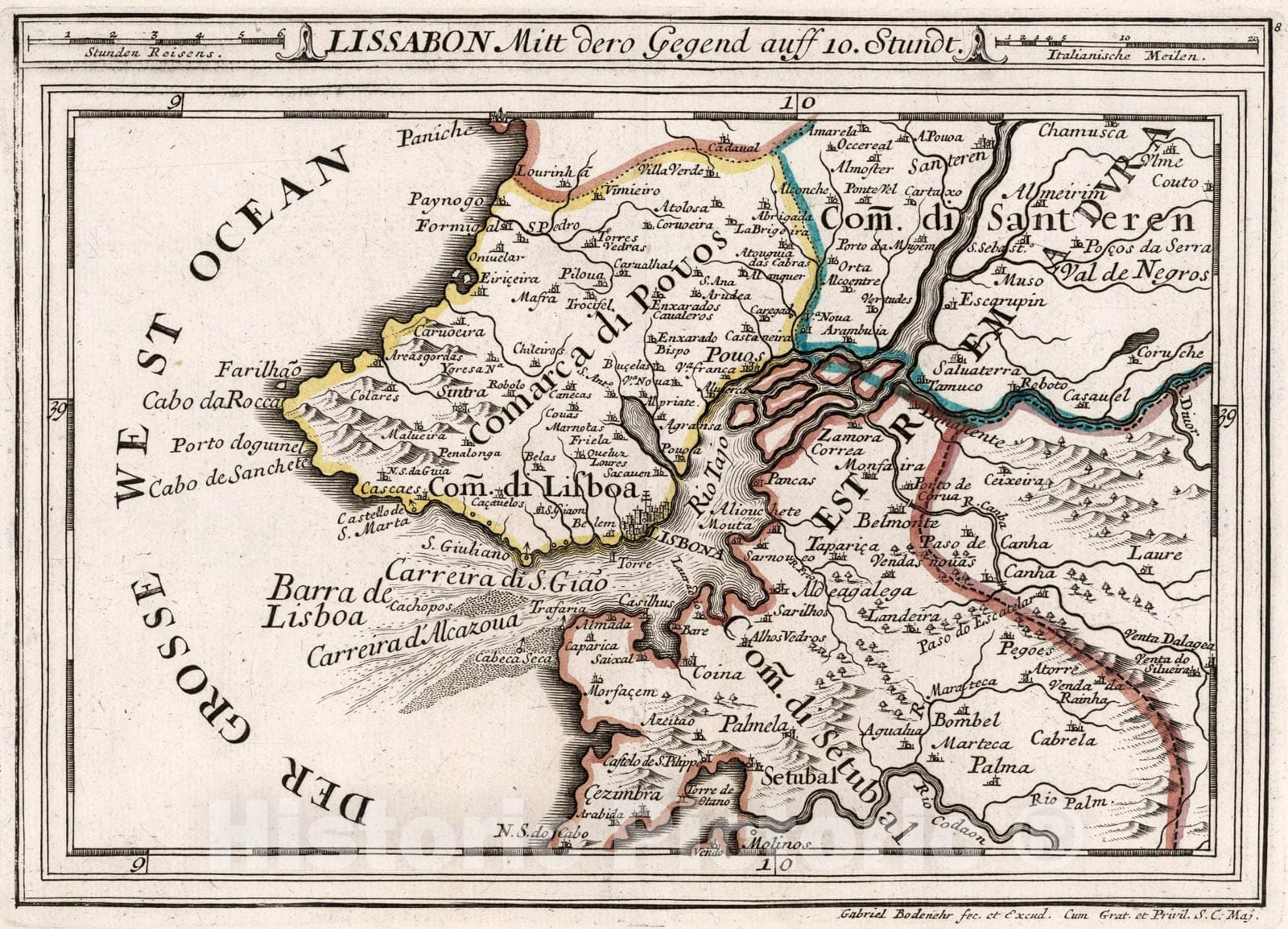 Historic Map : Lissabon mitt dero gegend auff 10. stundt, 1704, Vintage Wall Art
