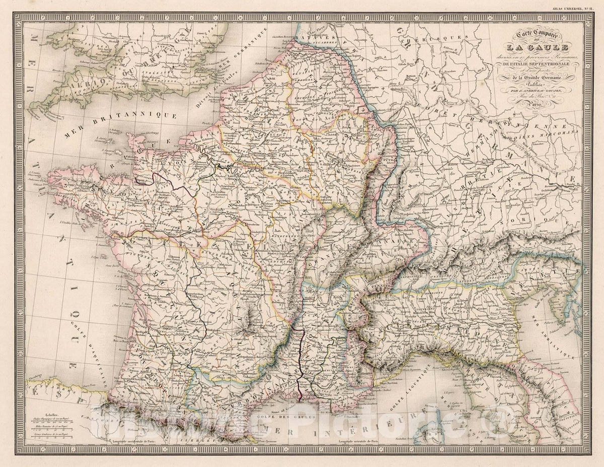 Historic Map : Carte Comparee de La Gaule., 1850, Vintage Wall Art