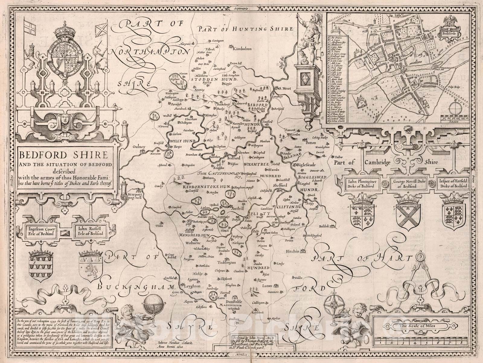Historic Map : Bedford Shire., 1676, Vintage Wall Art