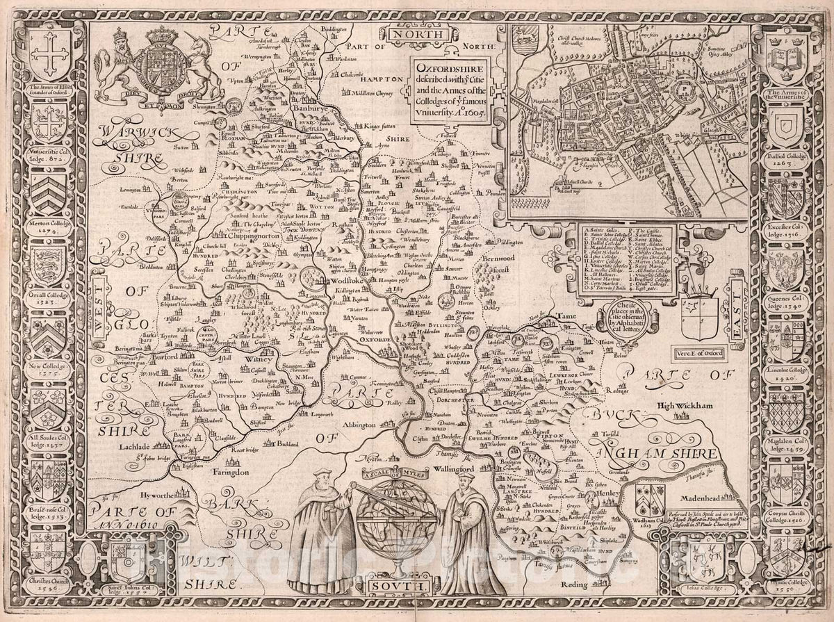 Historic Map : Oxfordshire., 1605, Vintage Wall Art