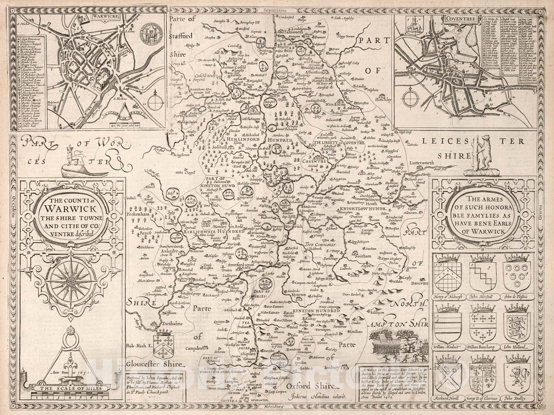 Historic Map : (Warwickshire). The Counti of Warwick., 1676, Vintage Wall Art