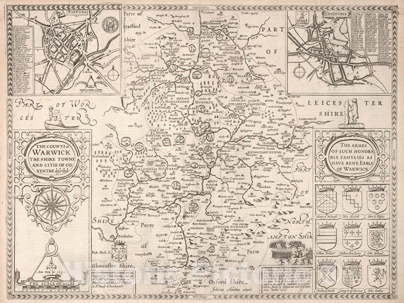 Historic Map : (Warwickshire). The Counti of Warwick., 1676, Vintage Wall Art