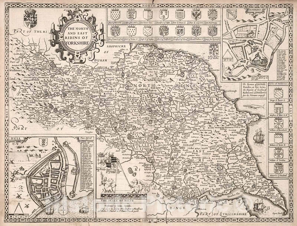 Historic Map : North and East Ridings of Yorkshire. (insets) Hull. Richmond., 1676, Vintage Wall Art