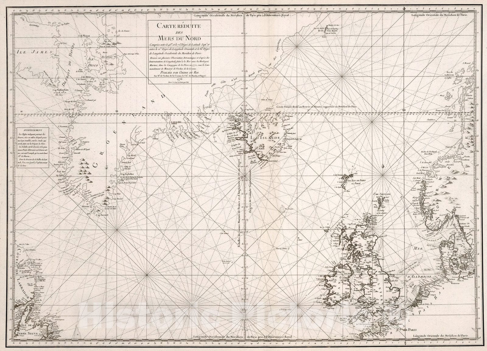 Historic Map : Carte Reduite des Mers du Nord., 1776, Vintage Wall Art