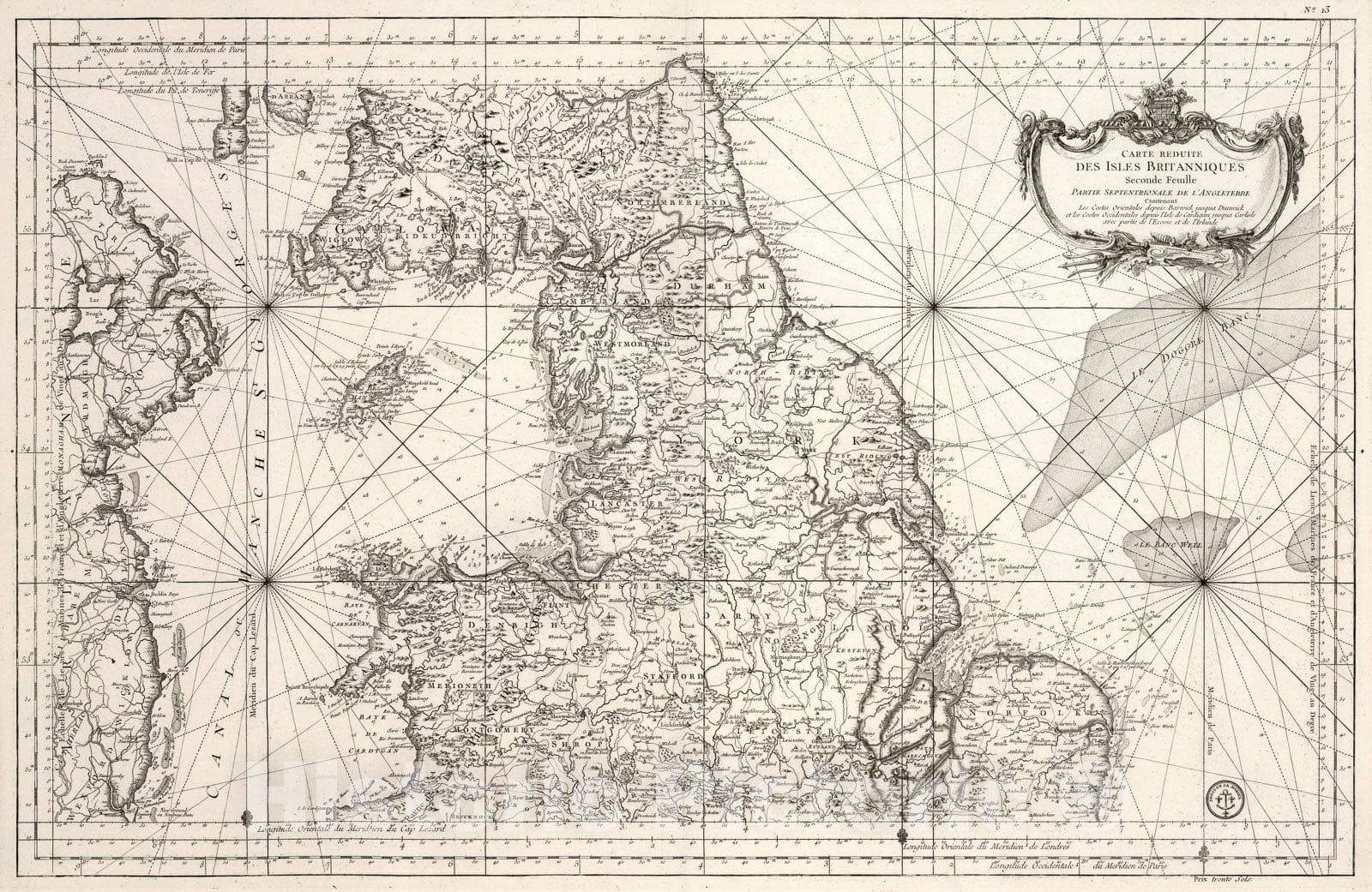 Historic Map : Carte Reduite des Isles Britanniques Second Feuille Partie Septentrionale de l'Angleterre., 1765, Vintage Wall Art