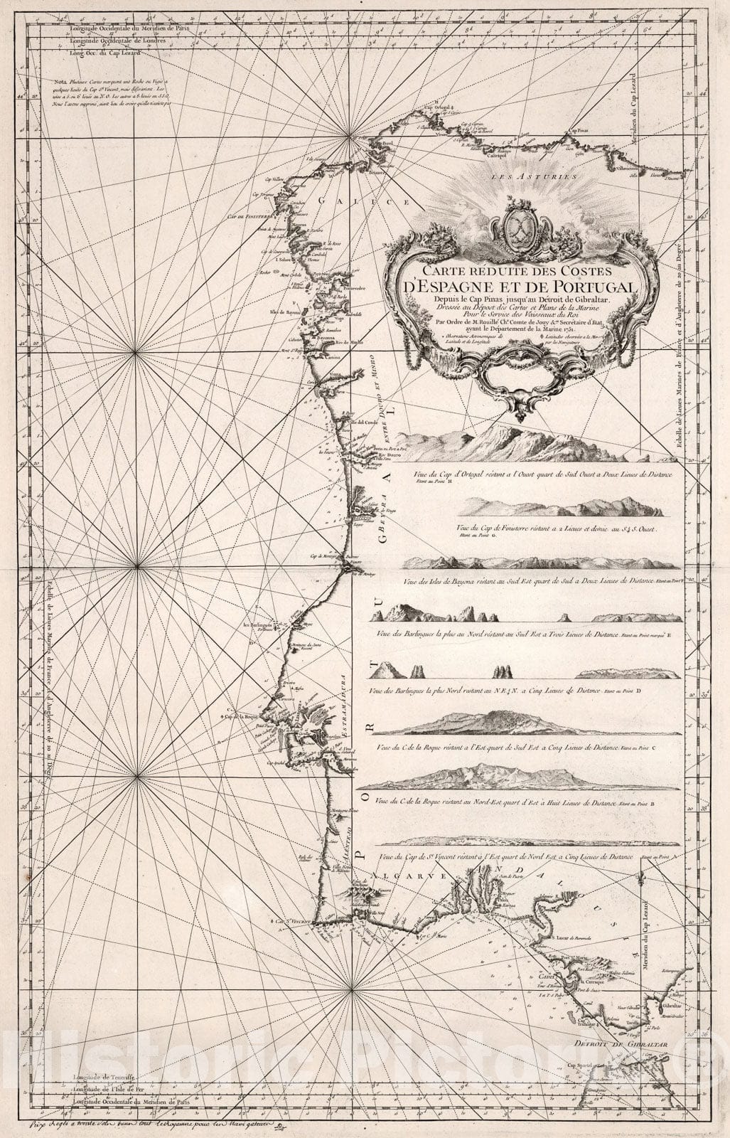 Historic Map - Carte Reduite Des Costes D'Espagne et de Portugal Depuis le Cap Pinas :: Costes Reduite In Spain and Portugal Since the Pinas to Cape Strait, 1751 - Vintage Wall Art