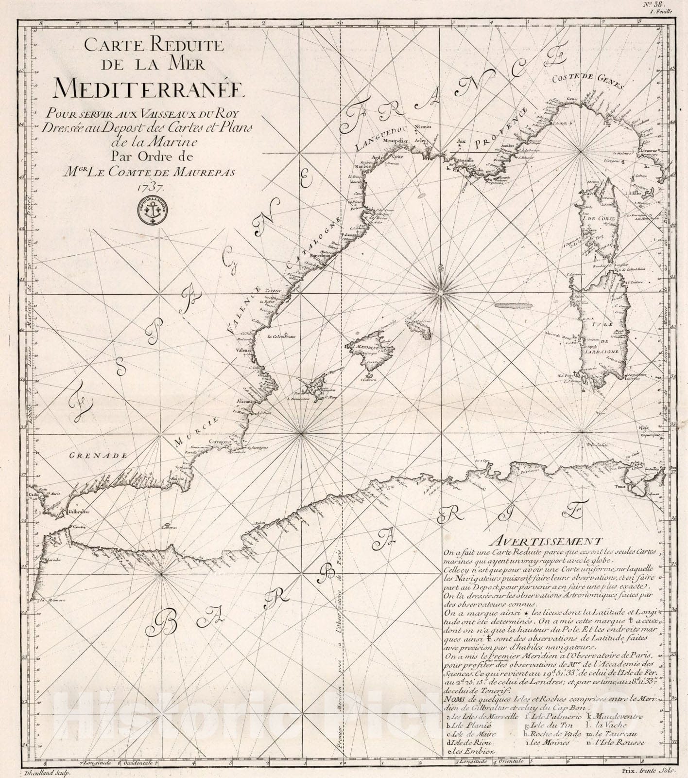 Historic Map : Carte Reduite de la Mer Mediterranee (western sheet)., 1737, Vintage Wall Art
