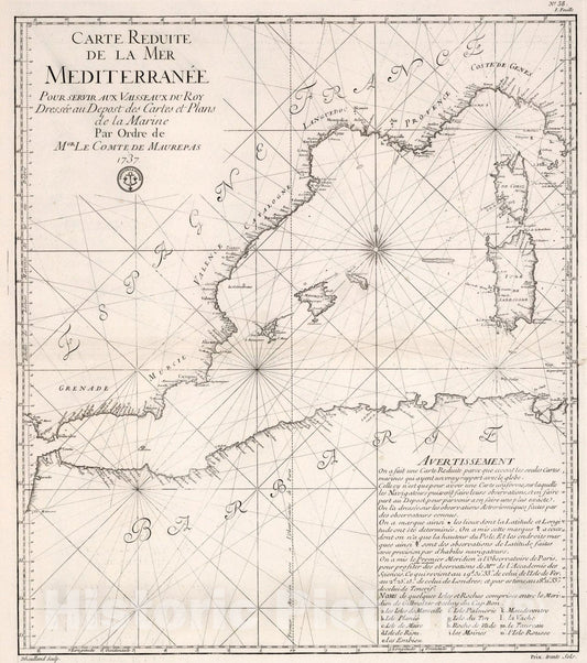 Historic Map : Carte Reduite de la Mer Mediterranee (western sheet)., 1737, Vintage Wall Art