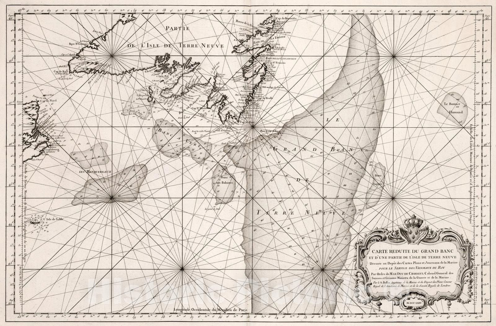 Historic Map - Carte Reduite Du Grand Banc et D'Une Partie de L'Isle de Terre Neuve/Sea Chart of the Grand Bancs and part of Newfoundland, 1764 - Vintage Wall Art