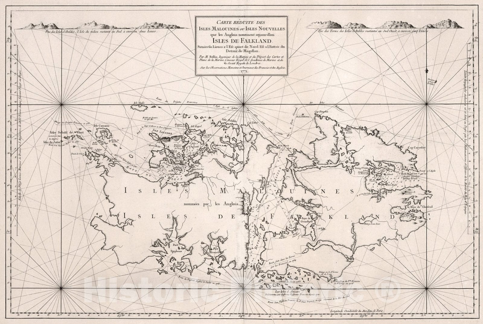 Historic Map : Carte Renuite des ... Isles de Falkland., 1771, Vintage Wall Art