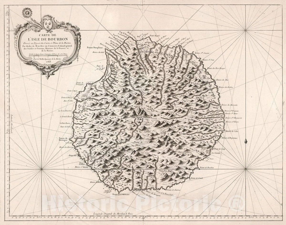 Historic Map : Carte de l'Isle de Bourbon., 1763, Vintage Wall Art