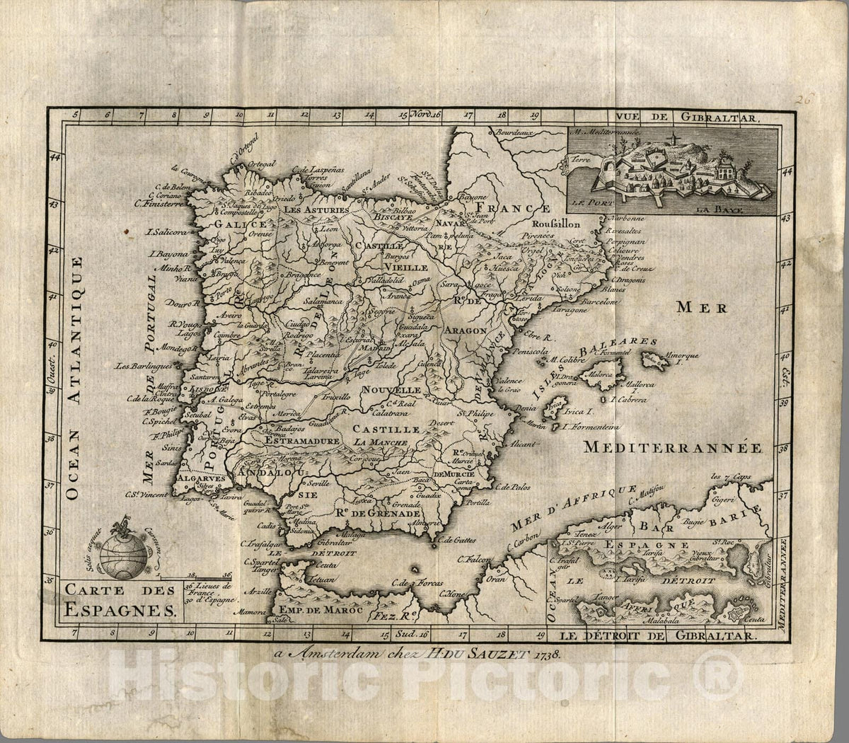 Historic Map : Carte des Espagnes., 1738, Vintage Wall Art