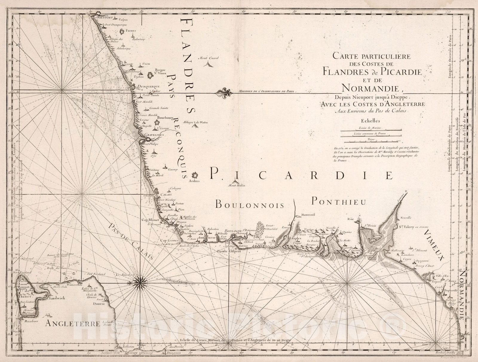Historic Map : Carte Particuliere des Costes de Flandres de Picardie et de Normandie., 1773, Vintage Wall Art