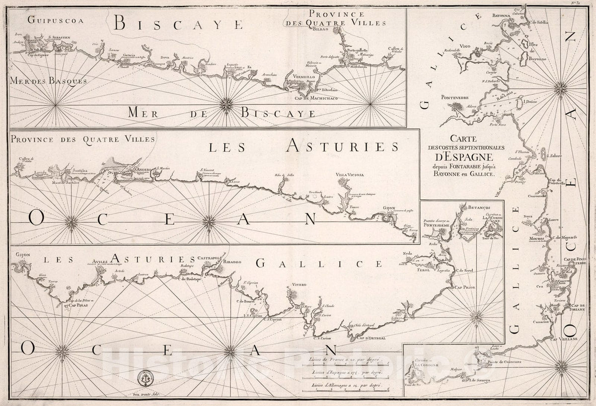 Historic Map : Biscaye. Les Asturies. Carte des Costes Septentrionales D'Espagne., 1773, Vintage Wall Art