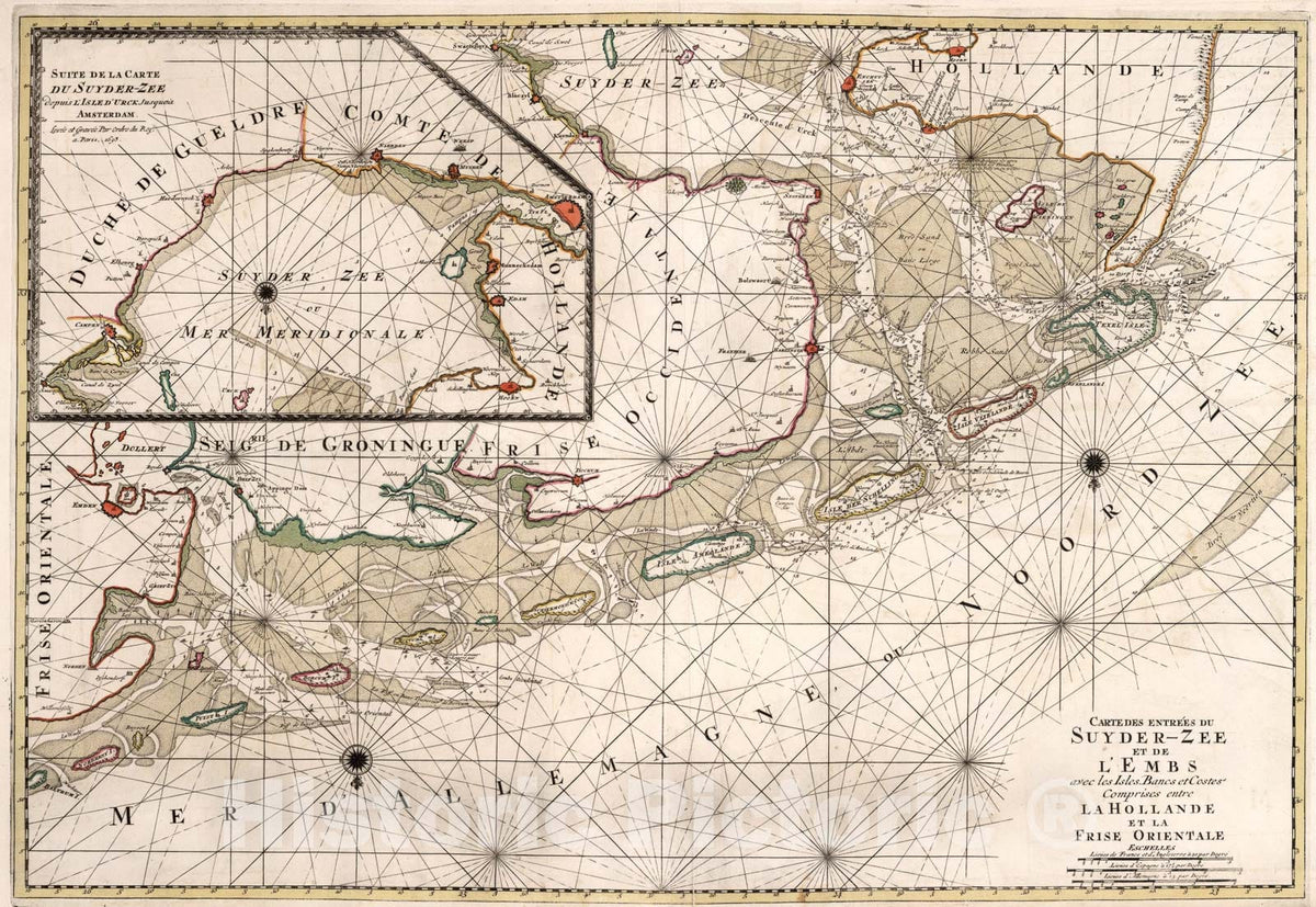 Historic Map : Carte des Entrees du Suyder Zee et de L'Embs ... La Hollande et la Frise Orientale., 1693, Vintage Wall Art