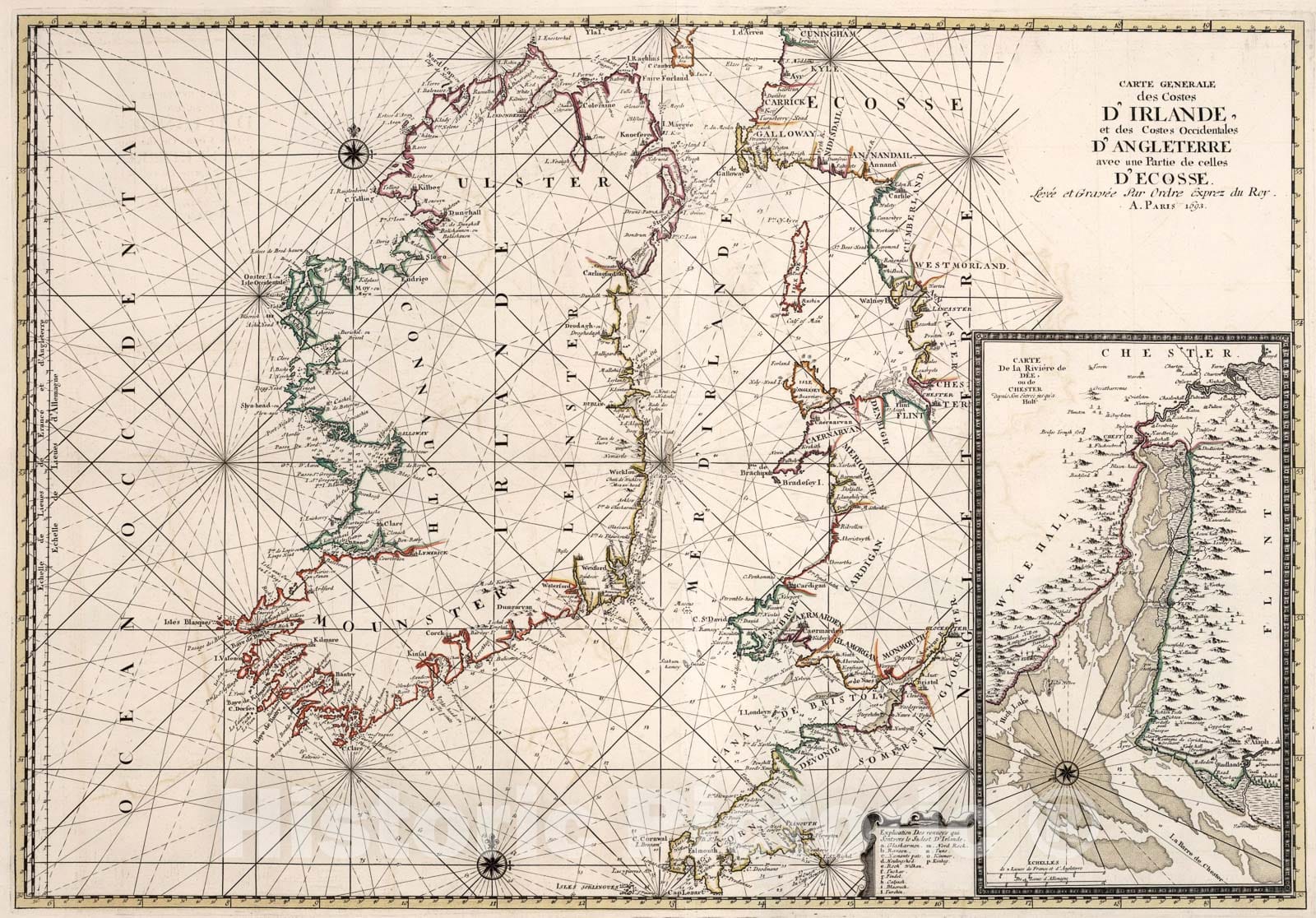 Historic Map : Carte Generale des Costes D'Irlande ... D'Angleterre ... D'Ecosse., 1693, Vintage Wall Art