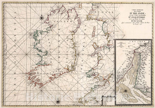 Historic Map : Carte Generale des Costes D'Irlande ... D'Angleterre ... D'Ecosse., 1693, Vintage Wall Art