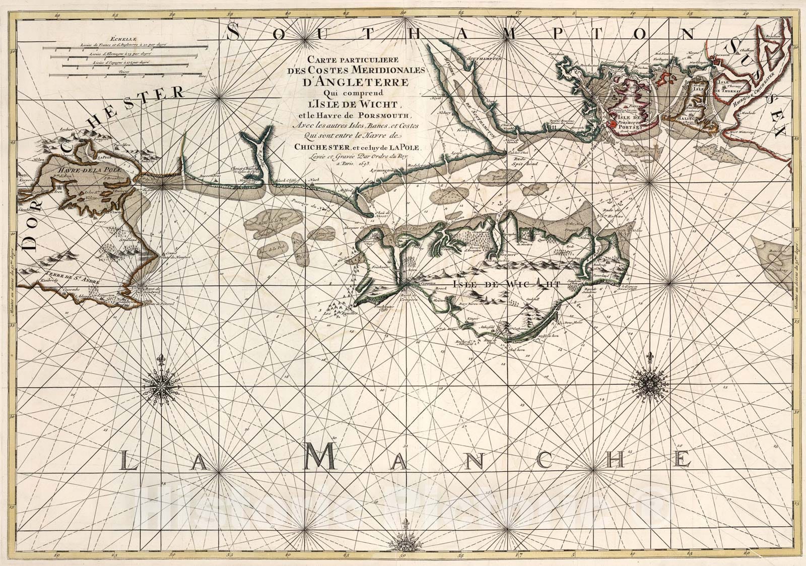 Historic Map : Carte Particuliere des Costes Meridionales D'Angleterre Qui comprend L'Isle de Wight., 1693, Vintage Wall Art