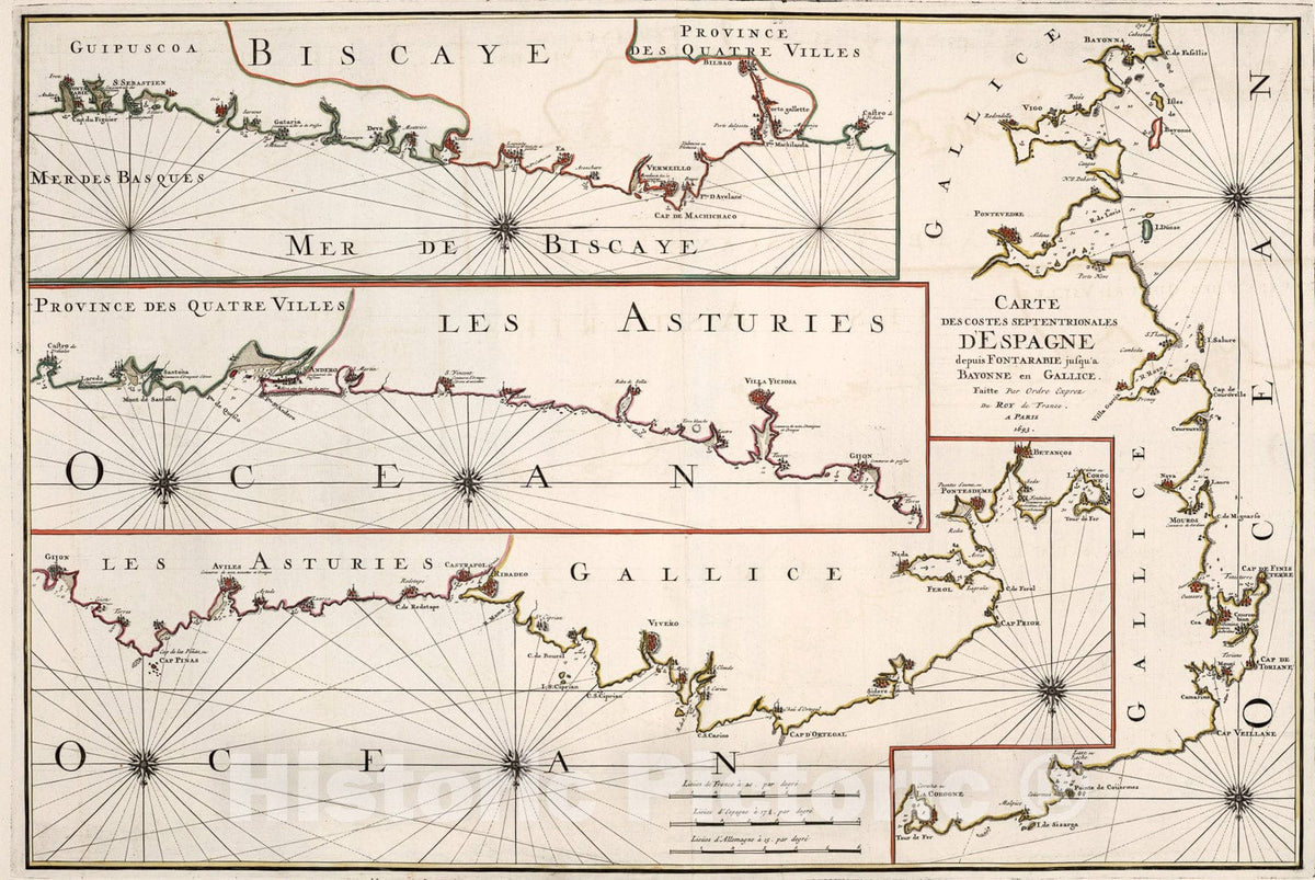 Historic Map : Biscaye. Les Asturies. Carte des Costes Septentrionales D'Espagne., 1693, Vintage Wall Art