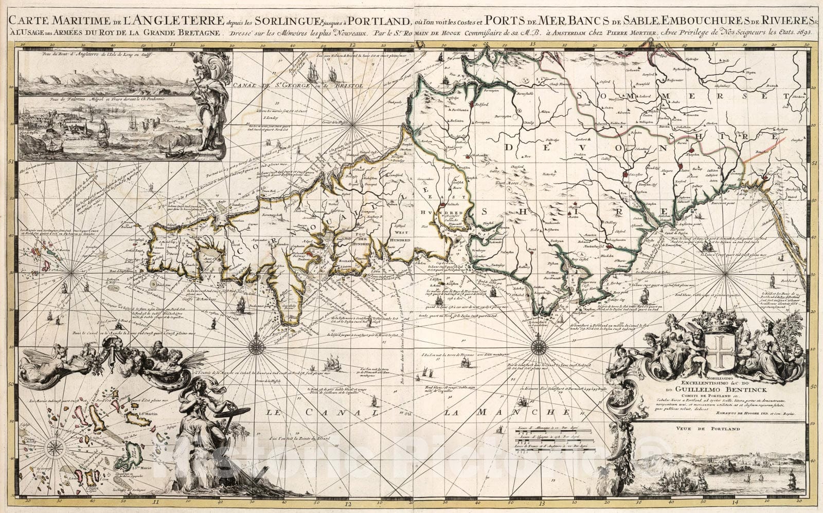 Historic Map : Carte Maritime des l'Angleterre depuis les Sorlingue jusques a Portland., 1693, Vintage Wall Art