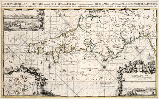 Historic Map : Carte Maritime des l'Angleterre depuis les Sorlingue jusques a Portland., 1693, Vintage Wall Art