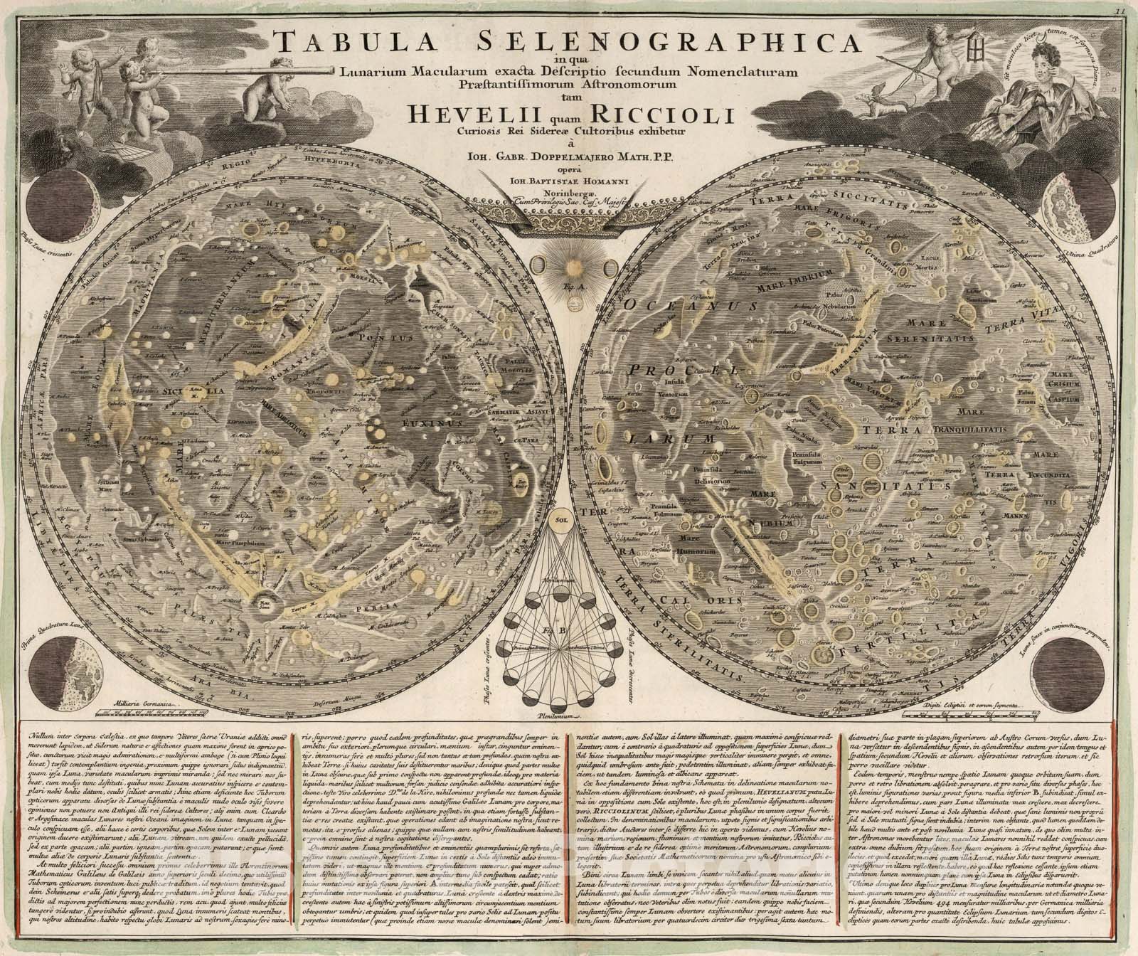 Historic Map : Tabula Selenographica in qua Lunarium Macularum exacta Descriptio secundum Nomenclaturam, Hevelii quam Riccioli, c1707, Johann Baptist Homann, Vintage Wall Art