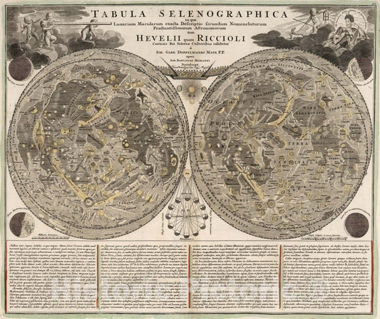 Historic Map : Tabula Selenographica in qua Lunarium Macularum exacta Descriptio secundum Nomenclaturam, Hevelii quam Riccioli, c1707, Johann Baptist Homann, Vintage Wall Art