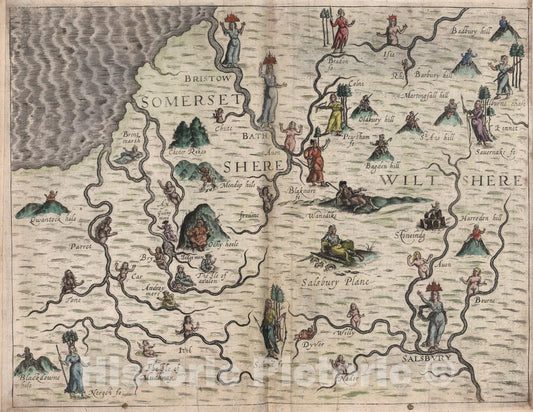Historic Map : Somersetshere, Wiltshere., 1622, Vintage Wall Art