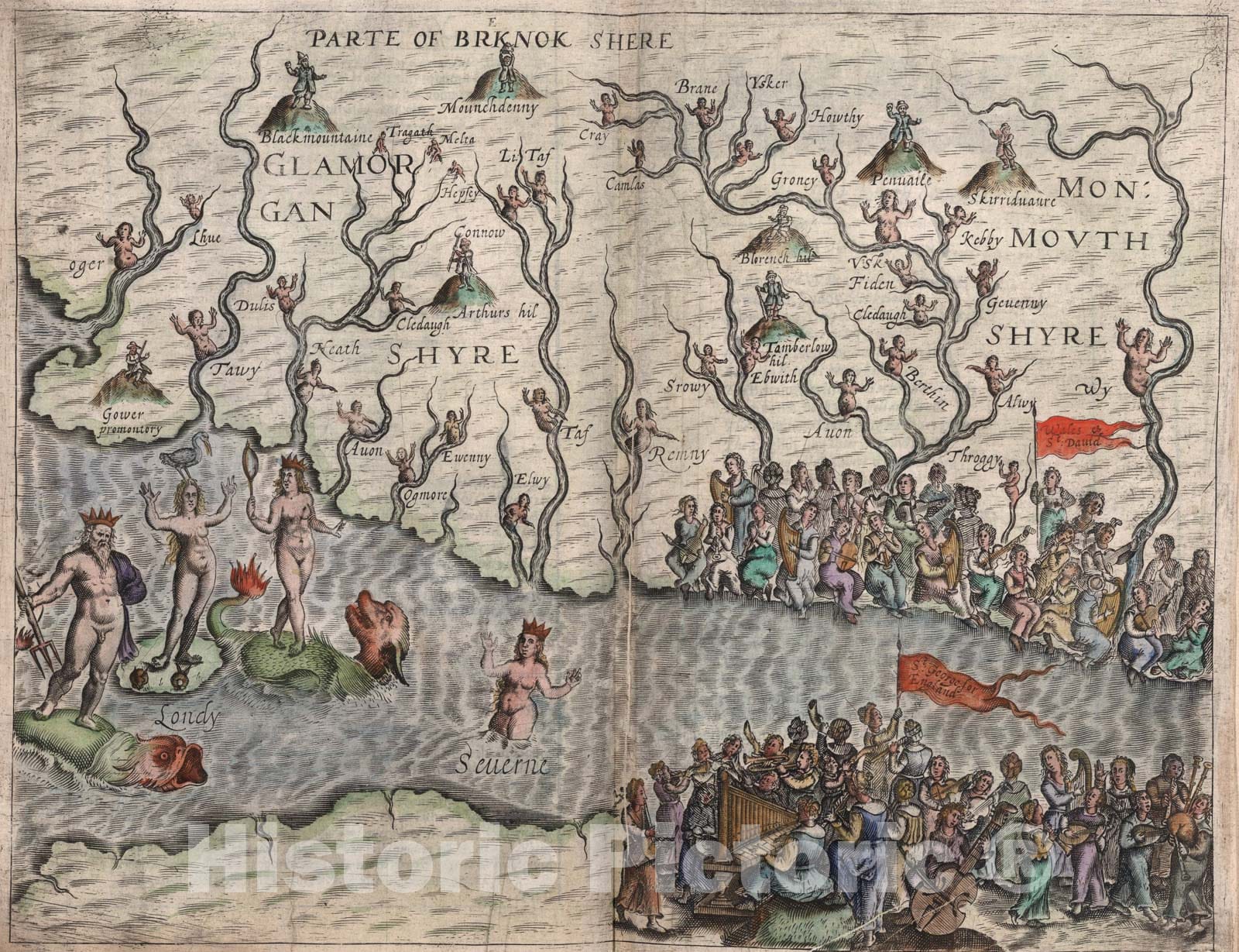 Historic Map : Glamorganshiyre, Monmouthshyre., 1622, Vintage Wall Art