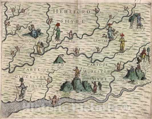 Historic Map : Hereford Shyre, Parte of Glocester Shyre, Parte of Worester Shyre., 1622, Vintage Wall Art