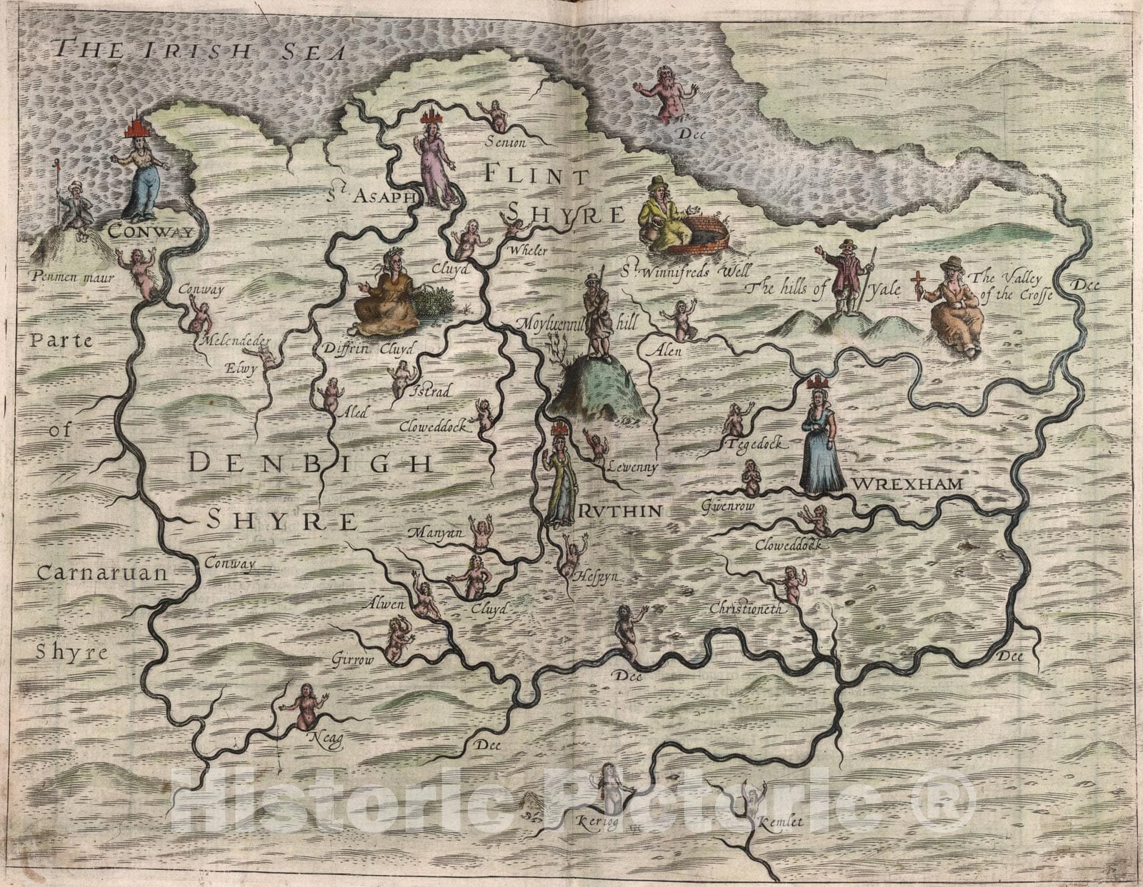 Historic Map : Parte of Carnaruan Shyre, Denbigh Shyre, Flint Shyre, 1622, Vintage Wall Art