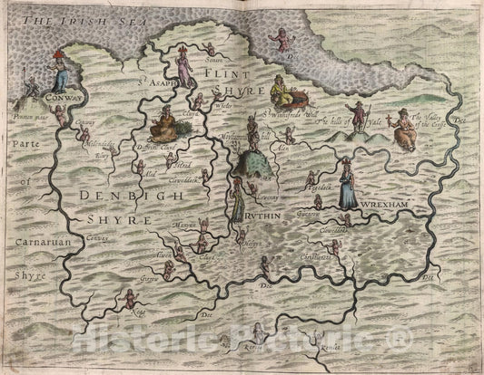 Historic Map : Parte of Carnaruan Shyre, Denbigh Shyre, Flint Shyre, 1622, Vintage Wall Art