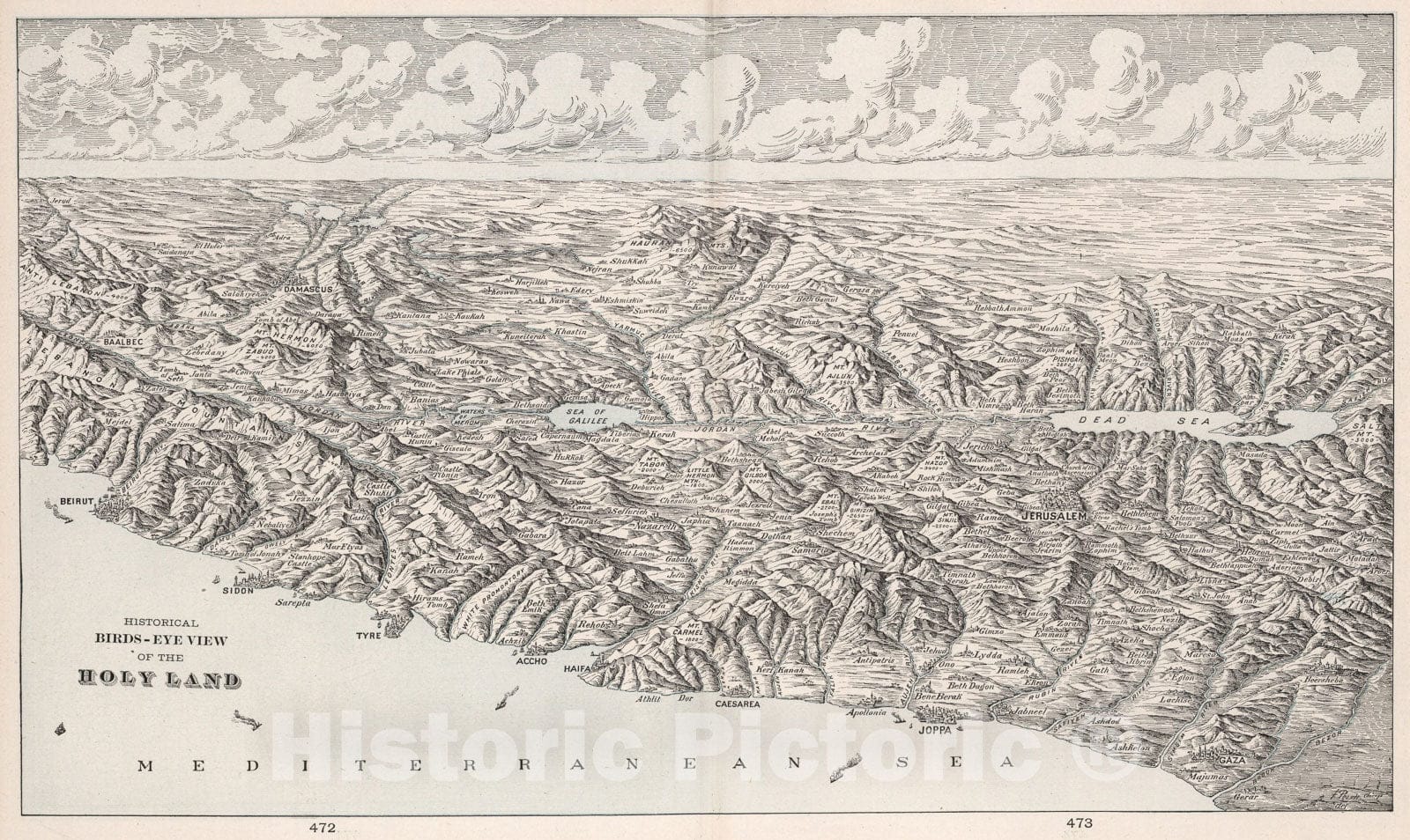 Historic Map : Historical birds-eye view of the Holy Land, 1901, Vintage Wall Art