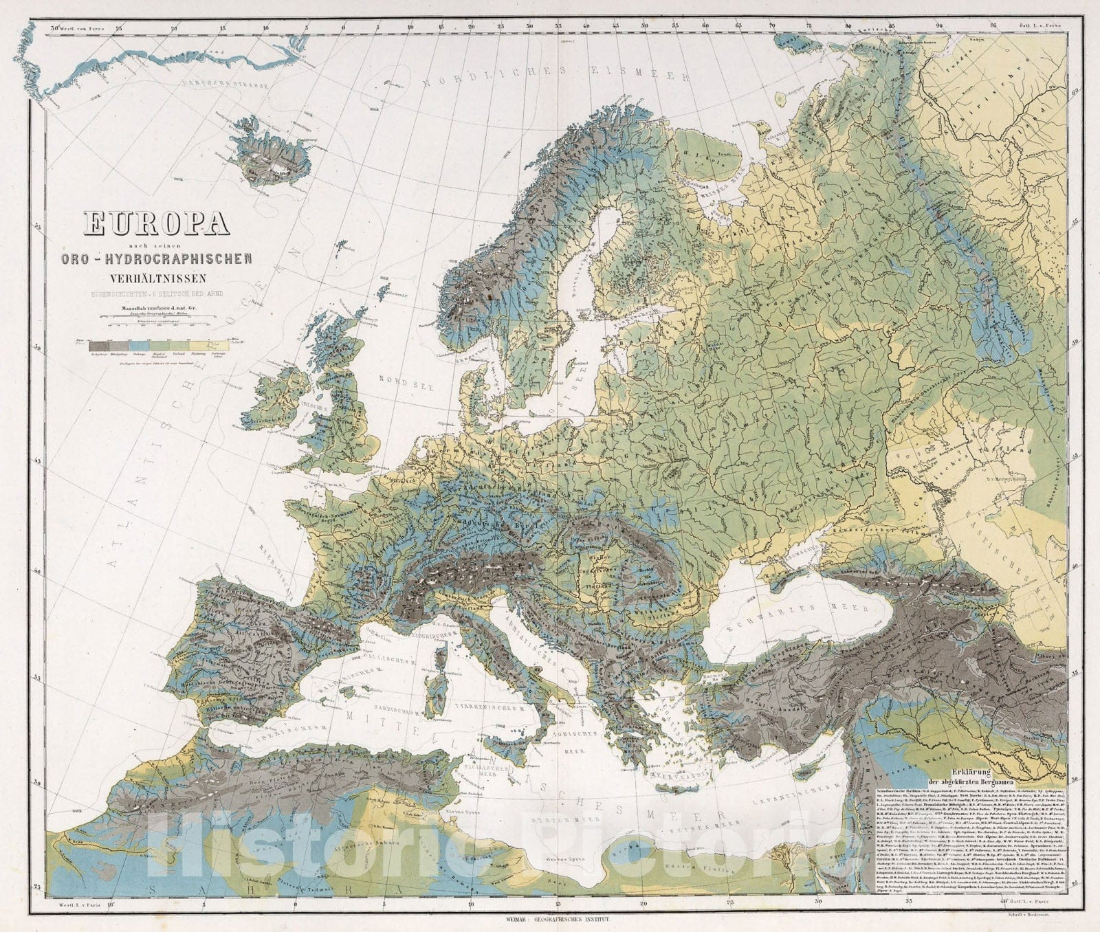 Historic Map : Europe: Topography and Hydrography., 1879, Vintage Wall Art