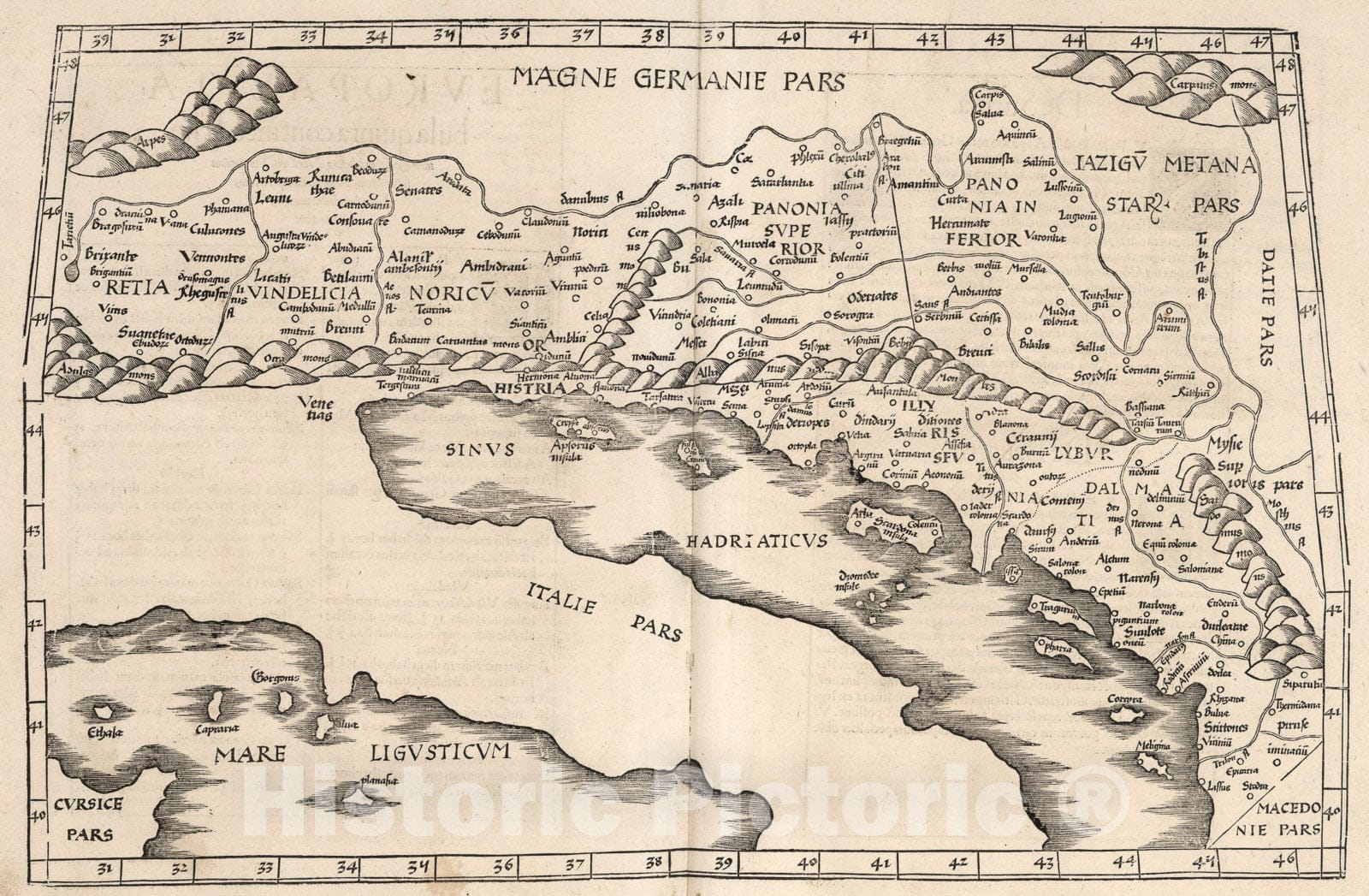Historic Map : Europae Tabula quinta continet Rhetiam & Vindeliciam, Noricum, Pannoniam, 1541, Vintage Wall Art