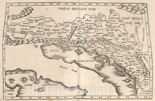 Historic Map : Europae Tabula quinta continet Rhetiam & Vindeliciam, Noricum, Pannoniam, 1541, Vintage Wall Art