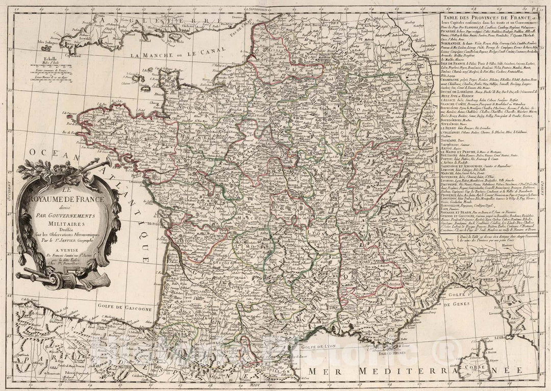 Historic Map : 11. Le Royaume de France divise Par Gouvernements Militaires., 1784, Vintage Wall Art