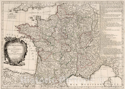 Historic Map : 11. Le Royaume de France divise Par Gouvernements Militaires., 1784, Vintage Wall Art