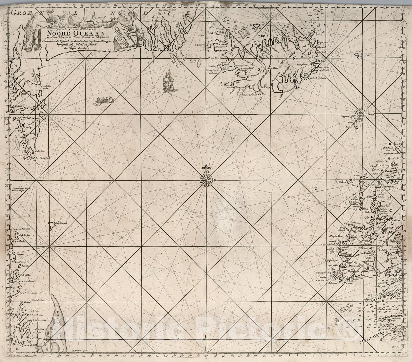 Historic Map : Nieuwe Wassende Graade Kaart van de Noord Oceaan., 1680, Vintage Wall Art