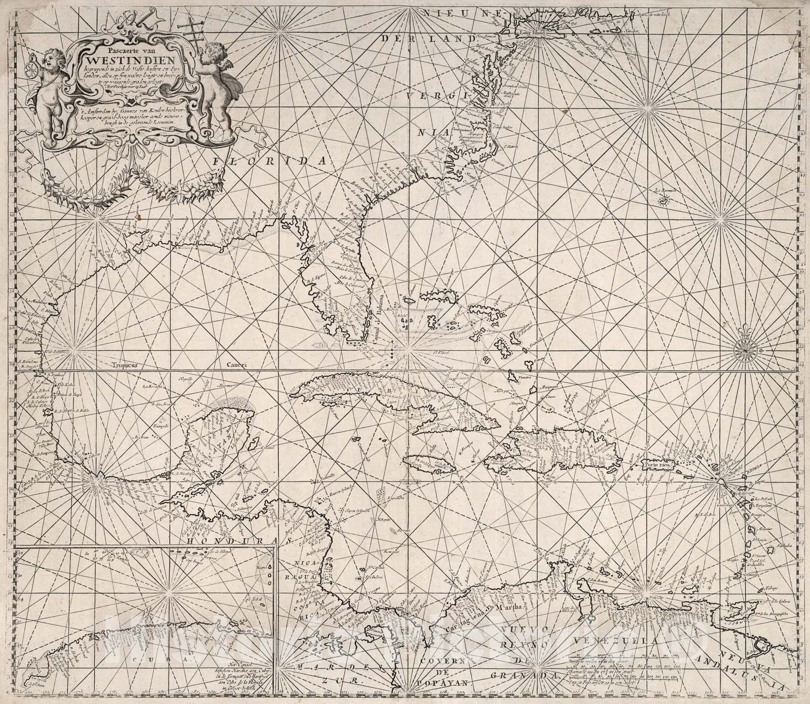 Historic Map : Pascaerte van Westindien., 1680, Vintage Wall Art