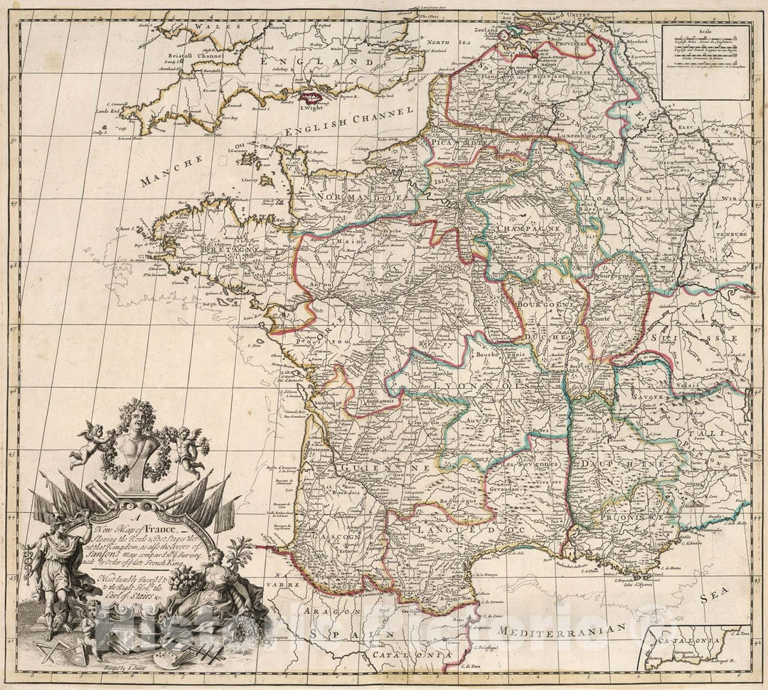 Historic Map : New Map of France., 1719, Vintage Wall Art