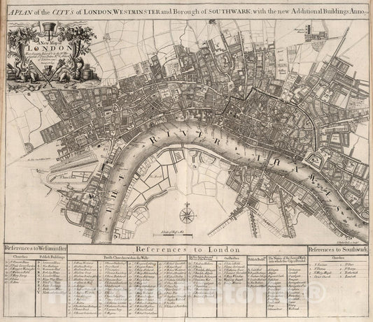 Historic Map : New Map of London., 1721, Vintage Wall Art