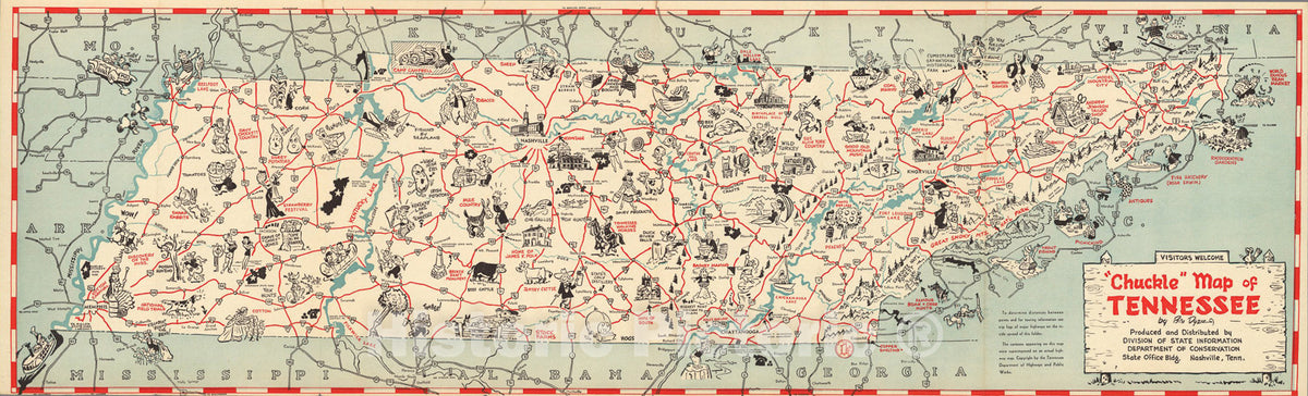 Historic Map :, ;Chuckle, map of Tennessee : Visitors welcome, 1940, Vintage Wall Art