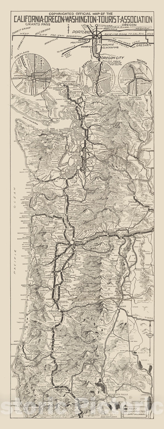 Historic Map : Copyrighted official map of the California - Oregon - Washington - Tourist Association, 1927, Vintage Wall Art