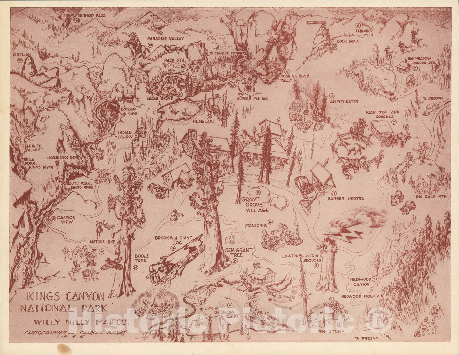 Kings Canyon National Park, California - Pictorial Map, 1945