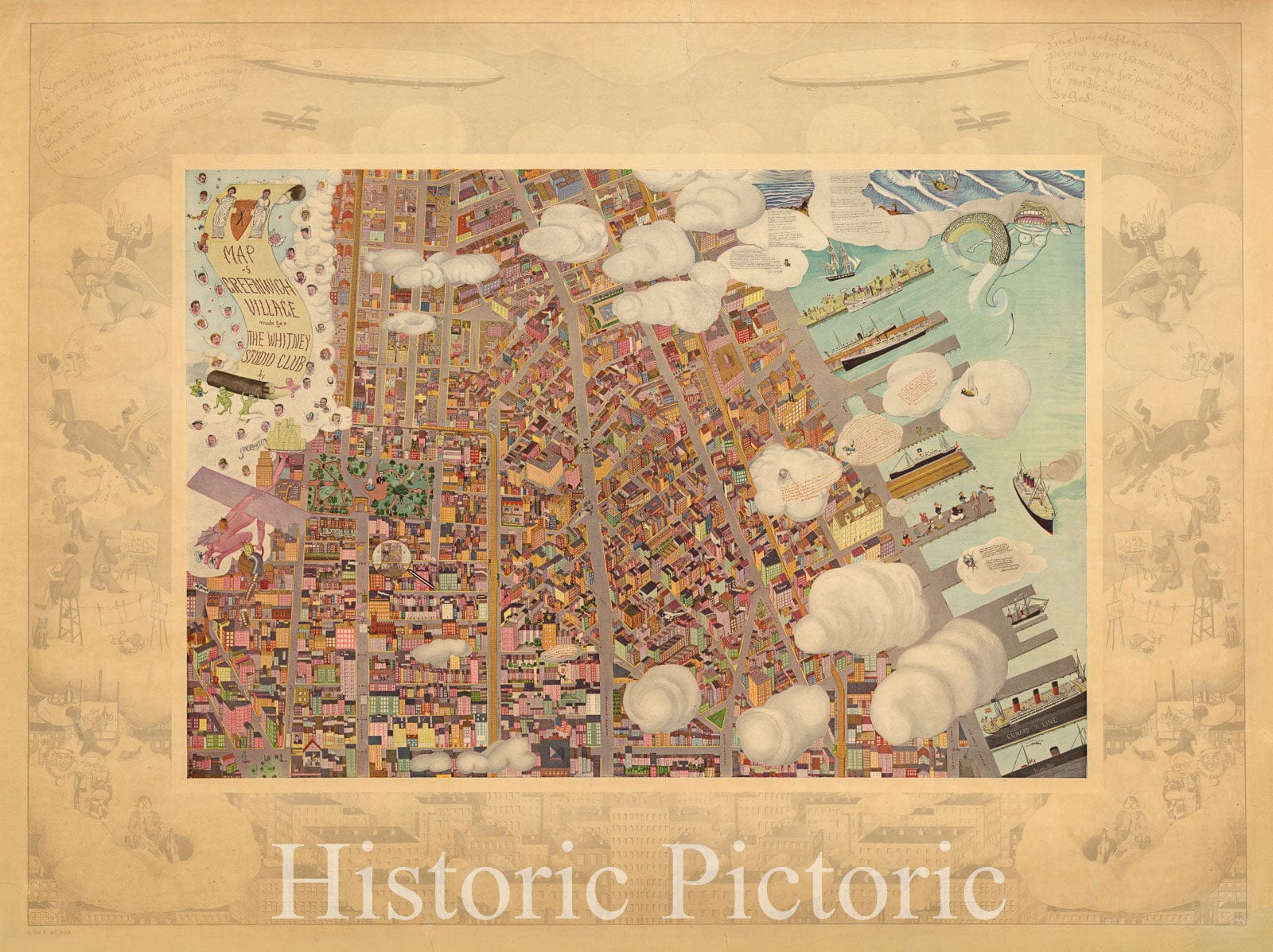 Greenwich Village, New York - Pictorial Map, 1920 - Historical Map Print