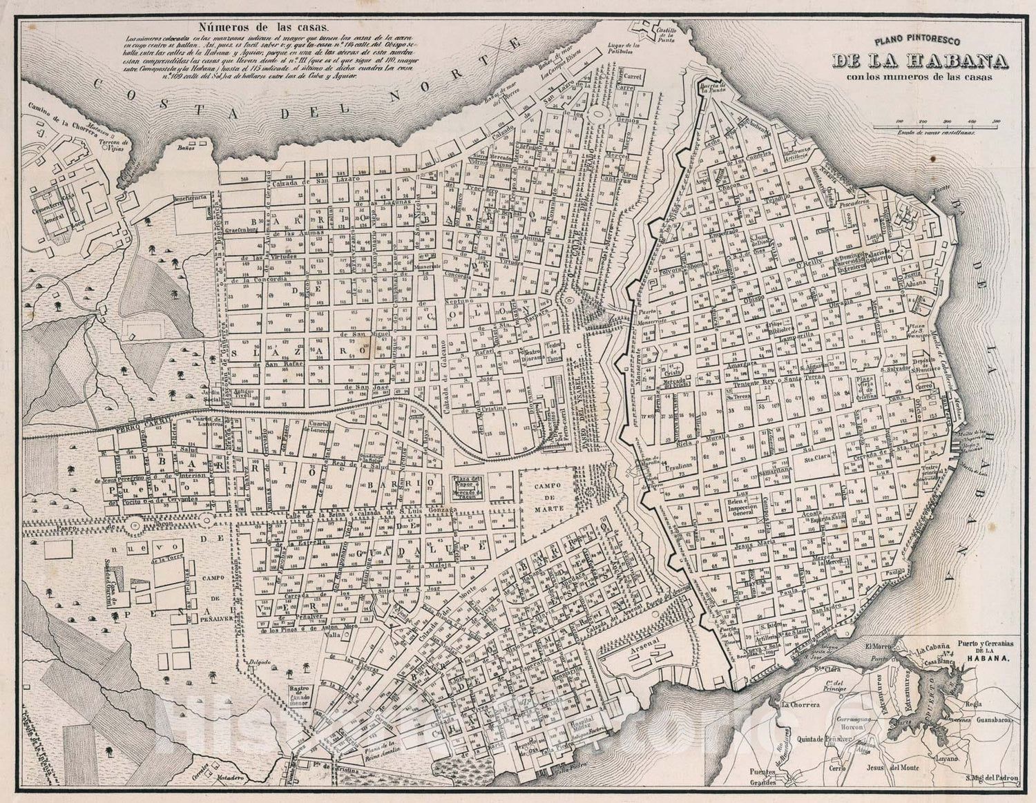 Historic Map : Plano pintoresco de la Habana con los numeros de las casas, 1855, Vintage Wall Art