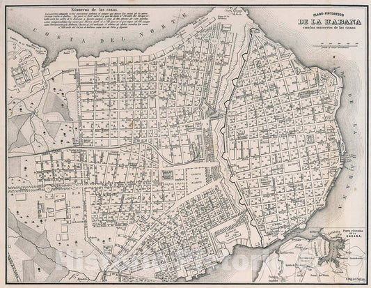 Historic Map : Plano pintoresco de la Habana con los numeros de las casas, 1855, Vintage Wall Art