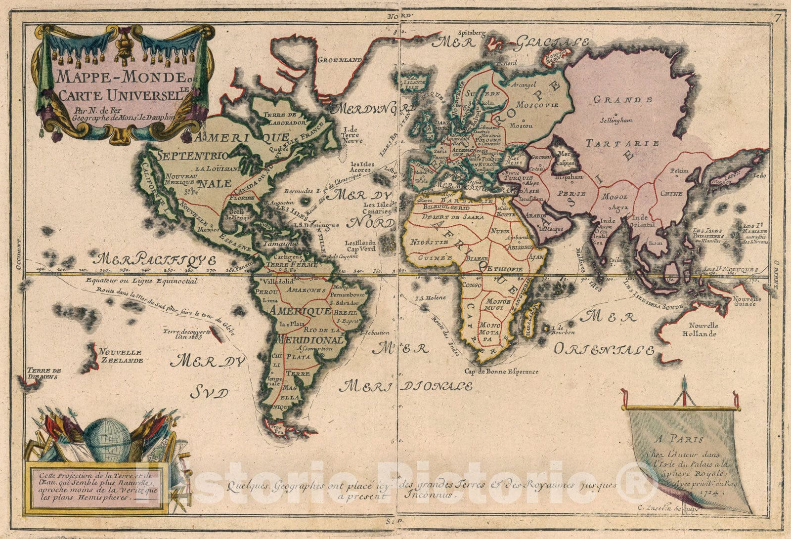 Historic Map : Mappe-Monde ou Carte Universelle., 1714, Vintage Wall Art